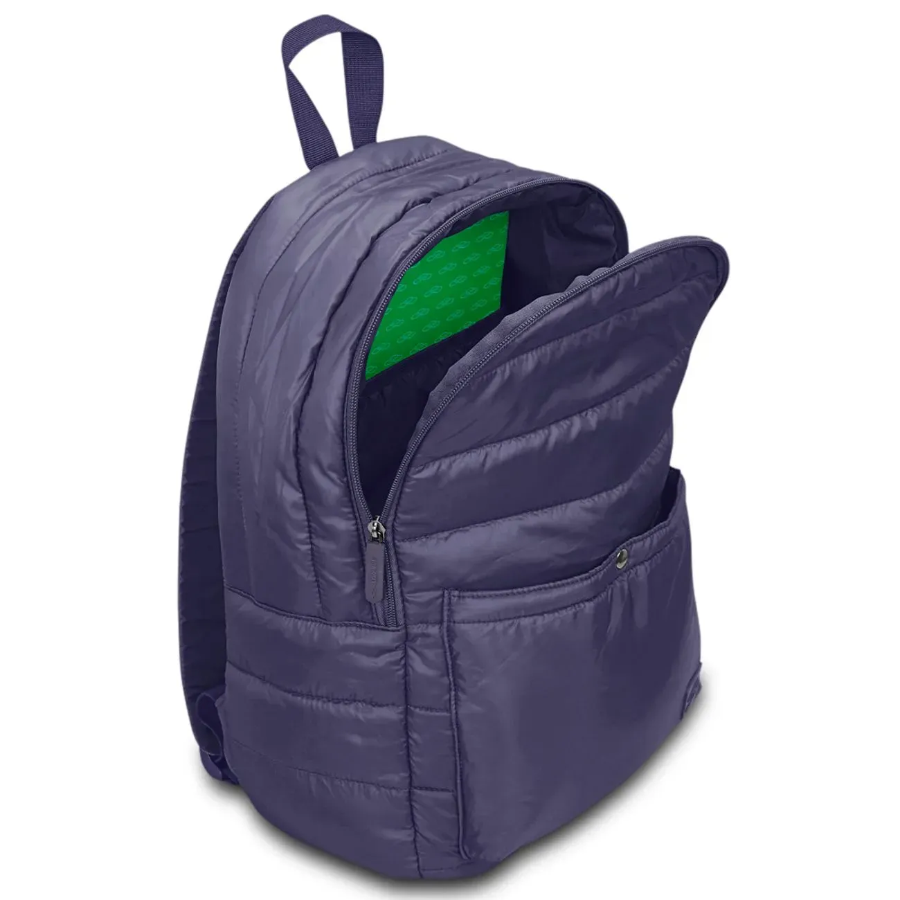 Mochila esportiva Olympikus marinho vista lateral com compartimento aberto mostrando forro interno